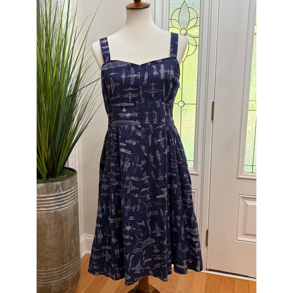 Bea & Dot ModCloth Airplane Vintage Inspired Dress Blue White Cotton Retro XL